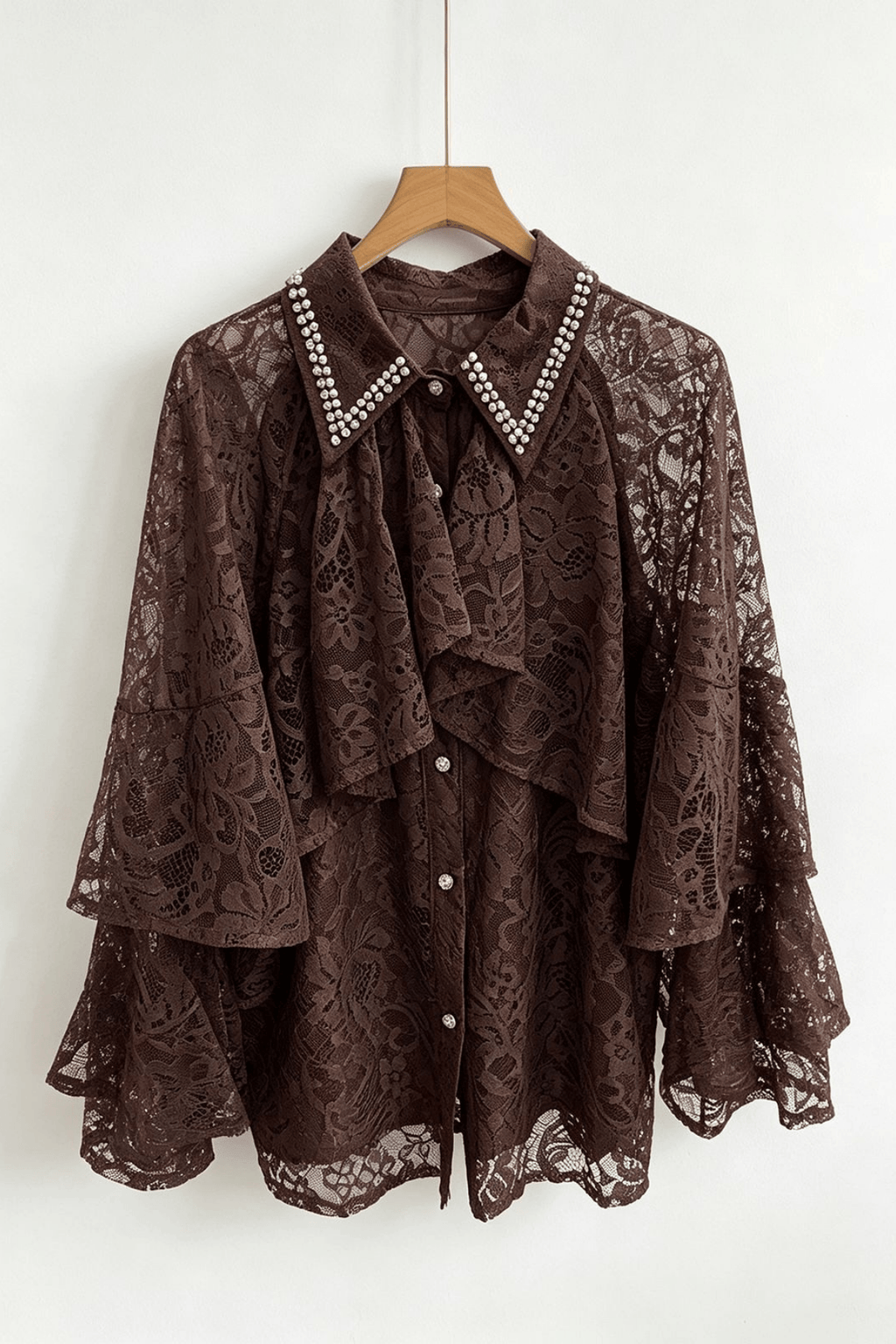 Celia Rhinestone Collar Ruffled Tiered Bell Sleeve Blouse Avalabel