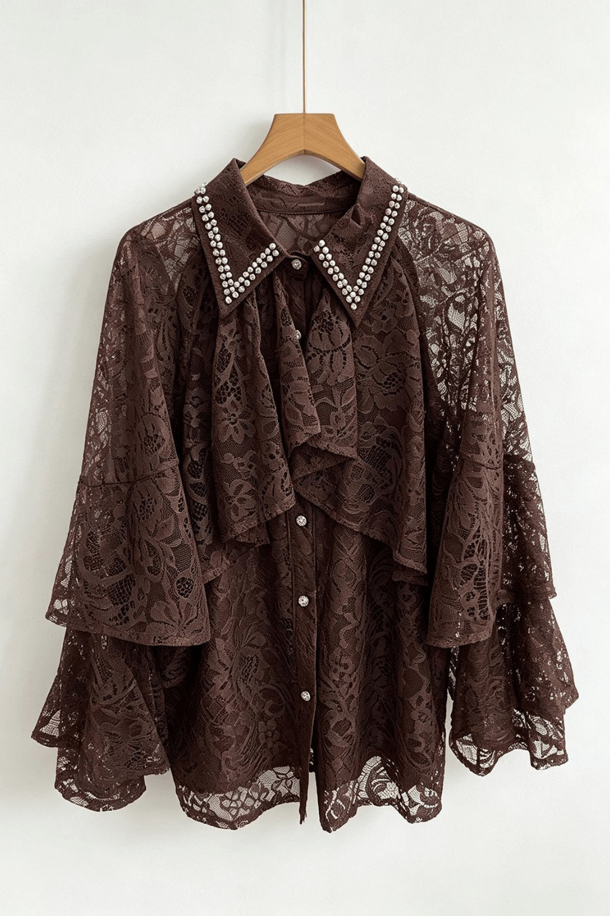 Celia Rhinestone Collar Ruffled Tiered Bell Sleeve Blouse Avalabel