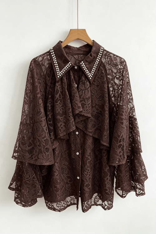 Celia Rhinestone Collar Ruffled Tiered Bell Sleeve Blouse Avalabel