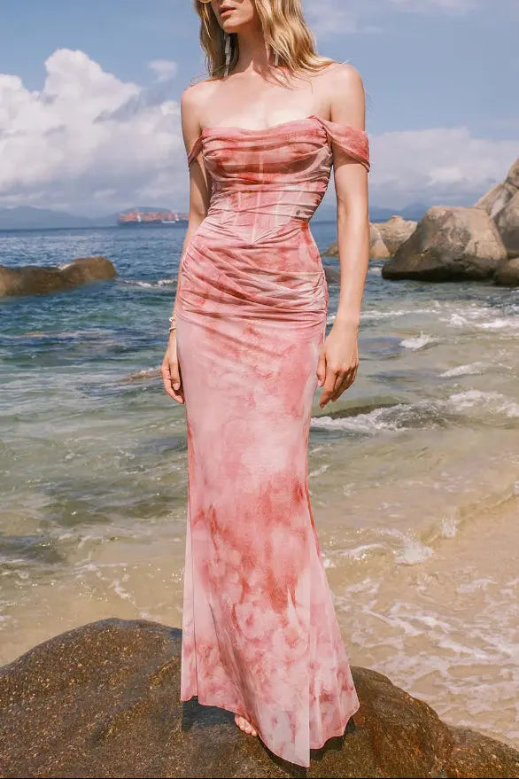 sylvia pink Off-shoulder Pleated Gradient-dyed maxi Dress Avalabel