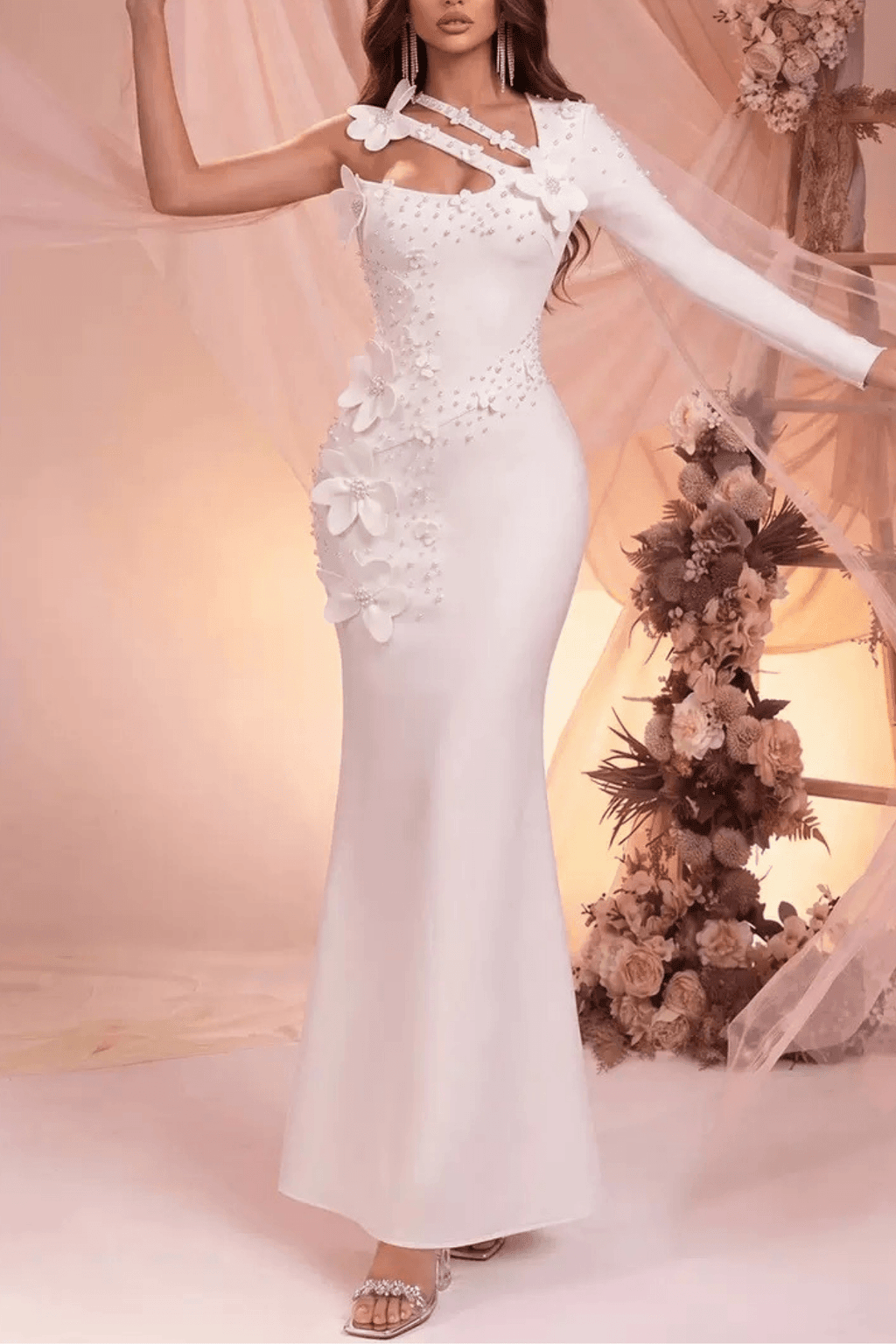 Susie White One‑Shoulder 3D Floral Mermaid Dress Avalabel