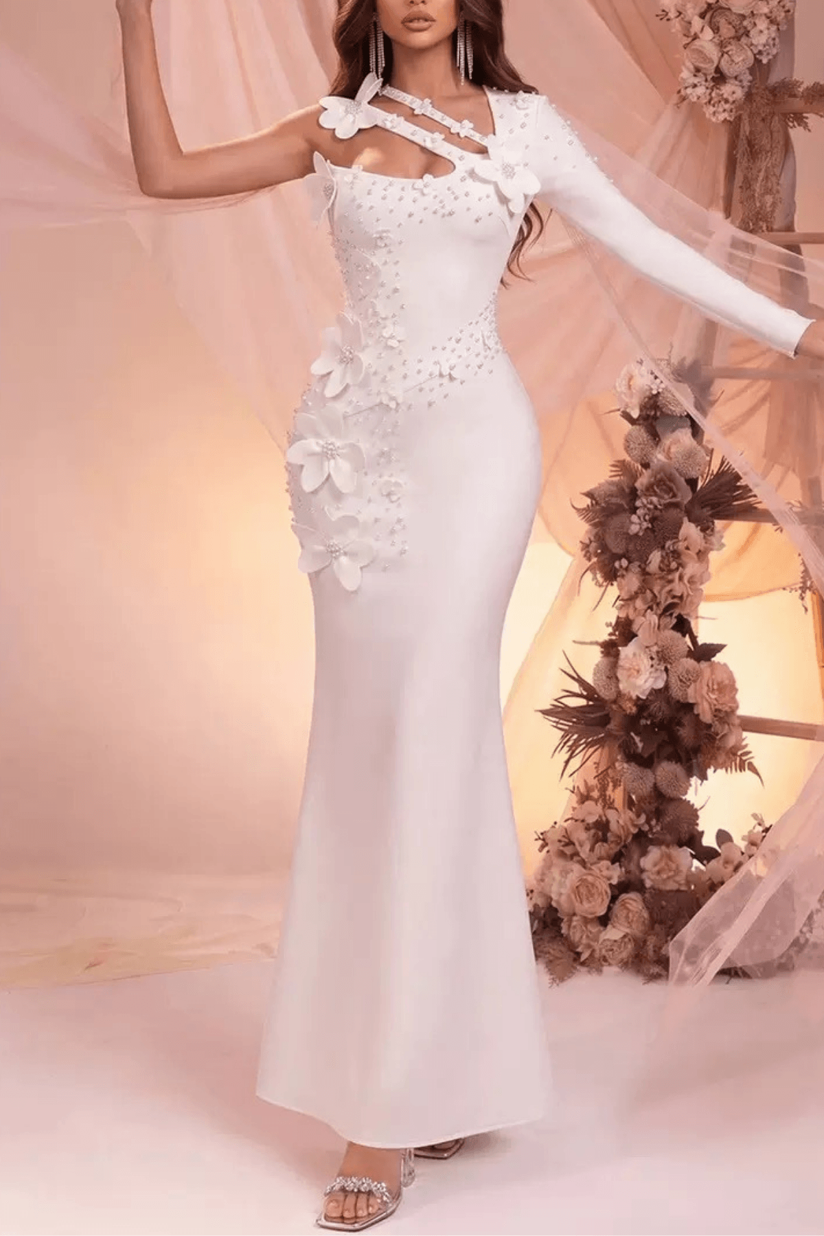 Susie White One‑Shoulder 3D Floral Mermaid Dress Avalabel