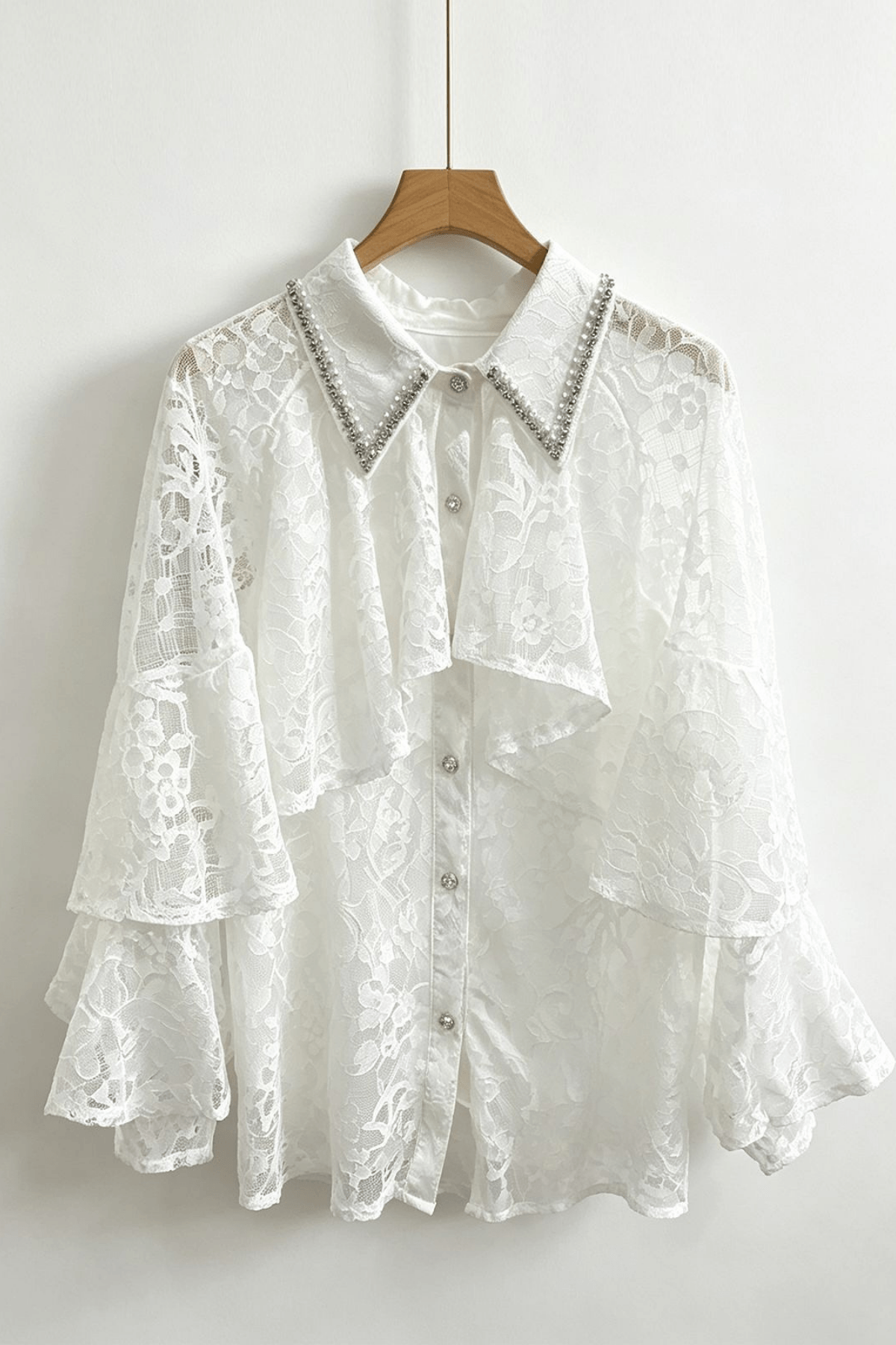 Celia Rhinestone Collar Ruffled Tiered Bell Sleeve Blouse Avalabel