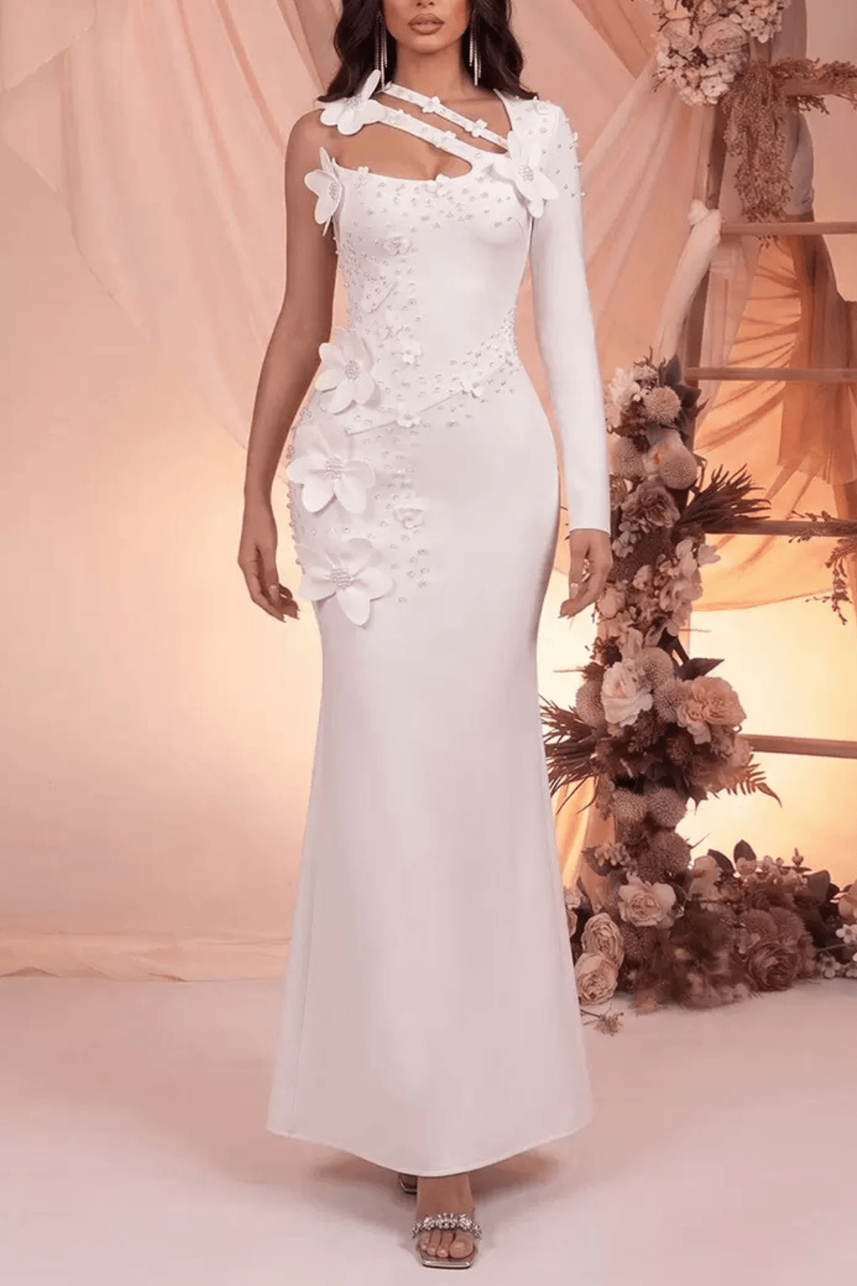 Susie White One‑Shoulder 3D Floral Mermaid Dress Avalabel