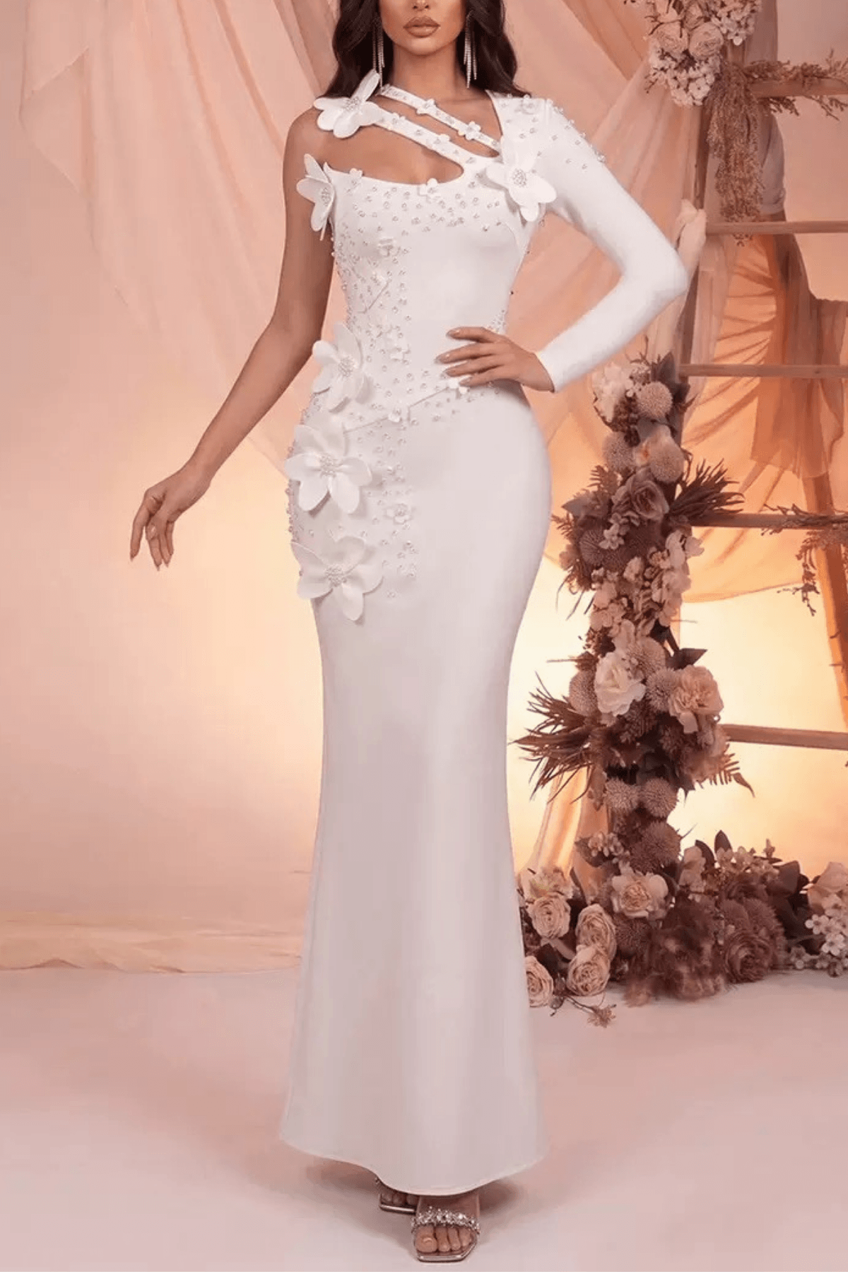 Susie White One‑Shoulder 3D Floral Mermaid Dress Avalabel