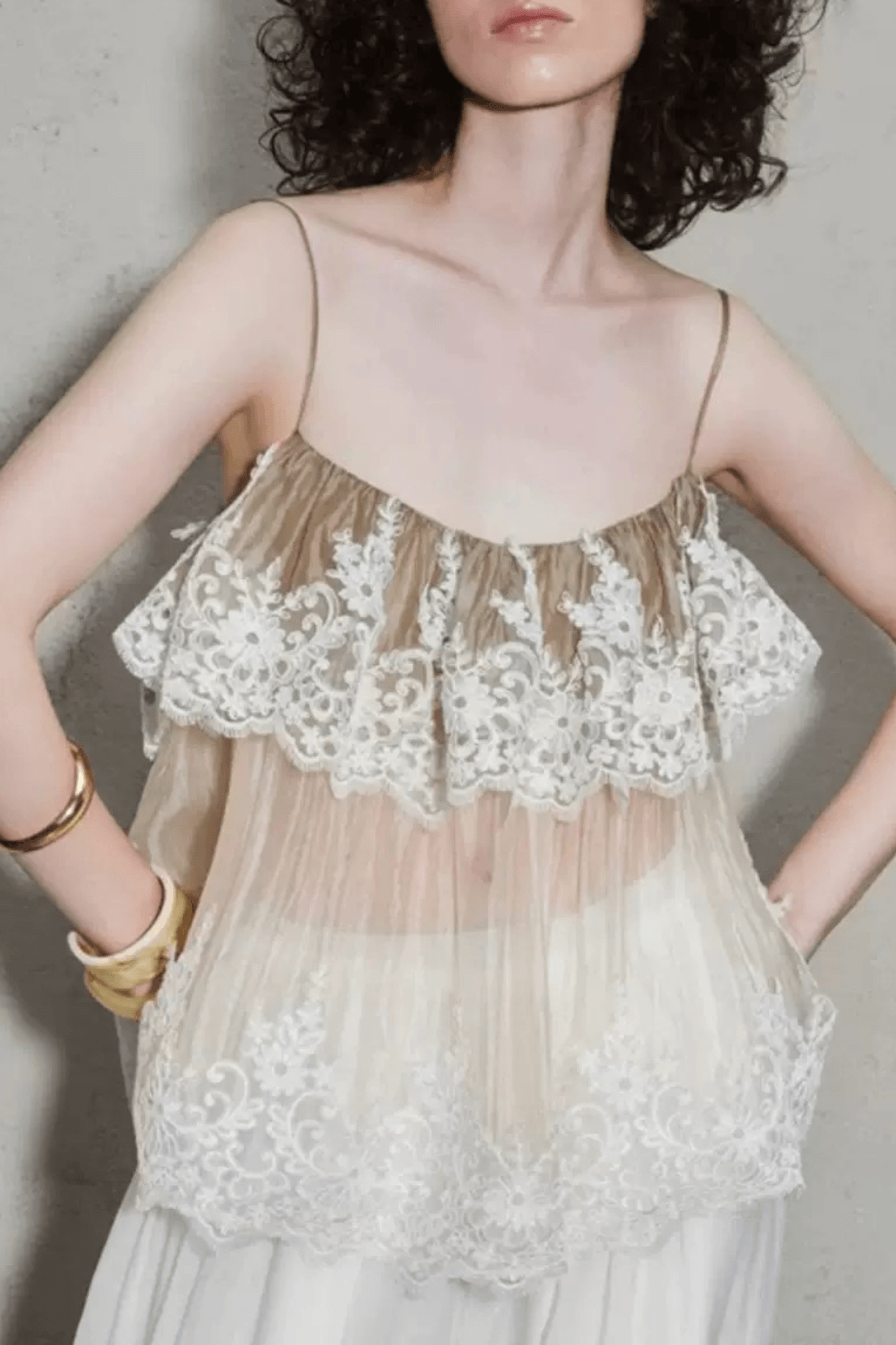 Carrie Layered Sheer Tulle Spaghetti Strap Camisole Top Avalabel