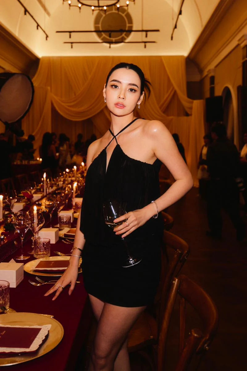 Cheryl Ruched Halter Bodycon Mini Dress in Black Avalabel