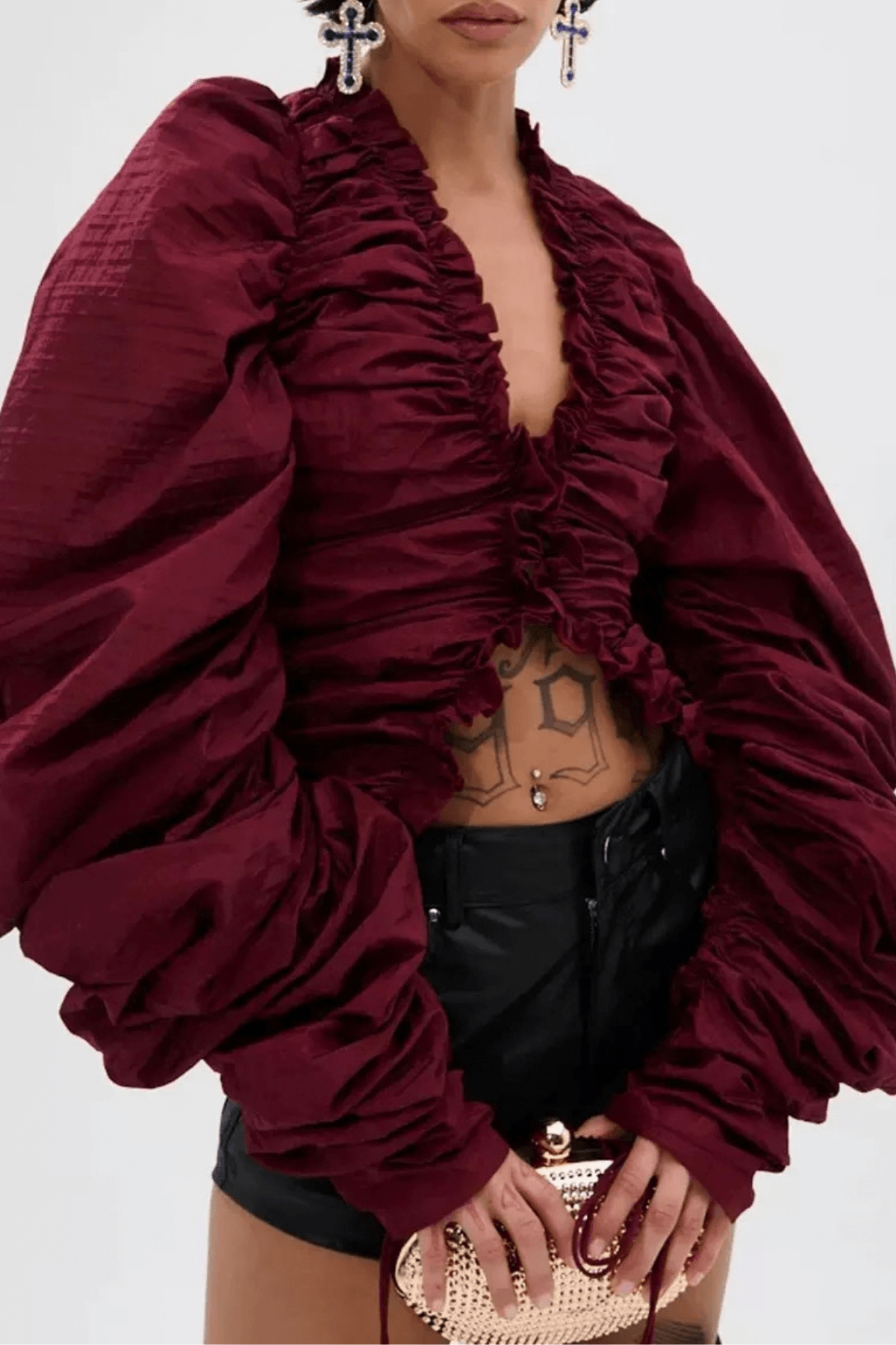 Burgundy Ruched Puff Sleeve Crop Blouse Avalabel