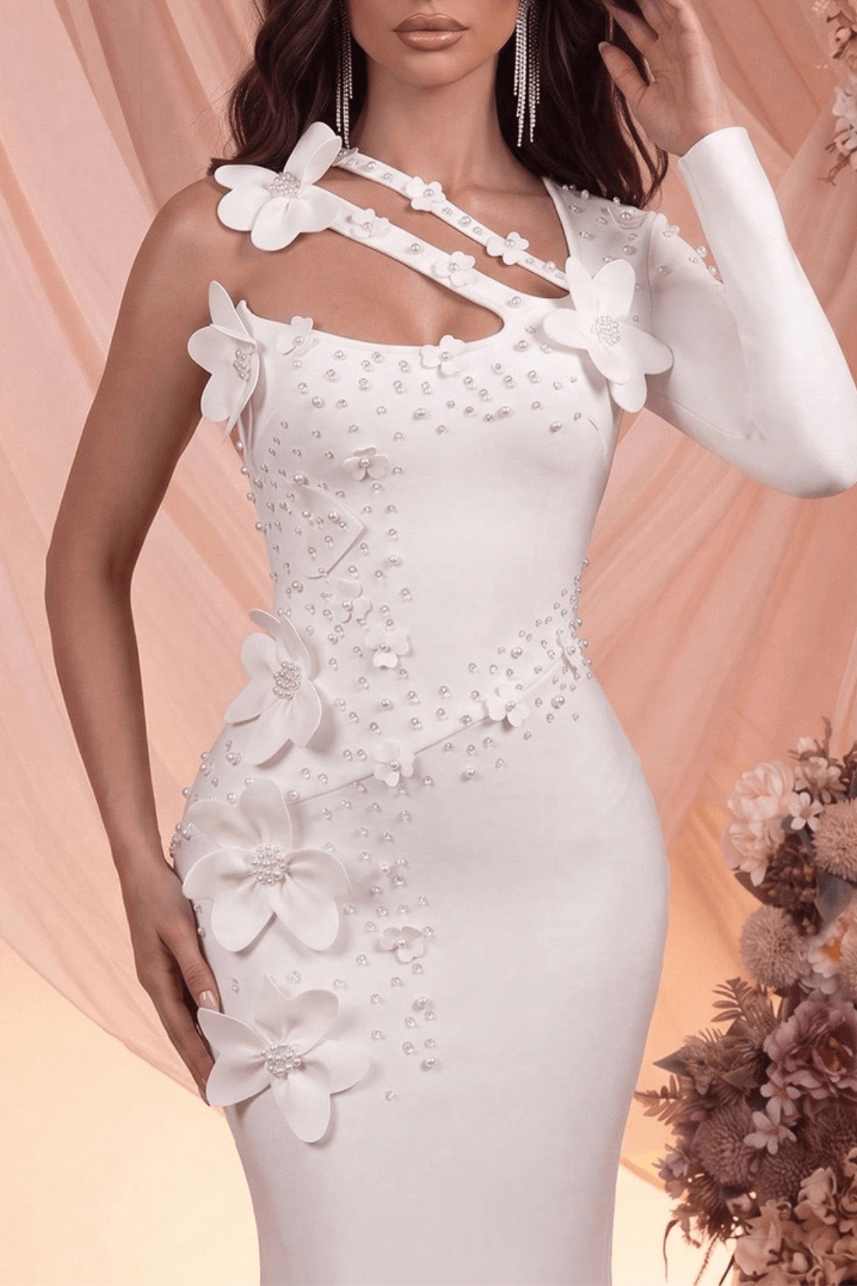 Susie White One‑Shoulder 3D Floral Mermaid Dress Avalabel