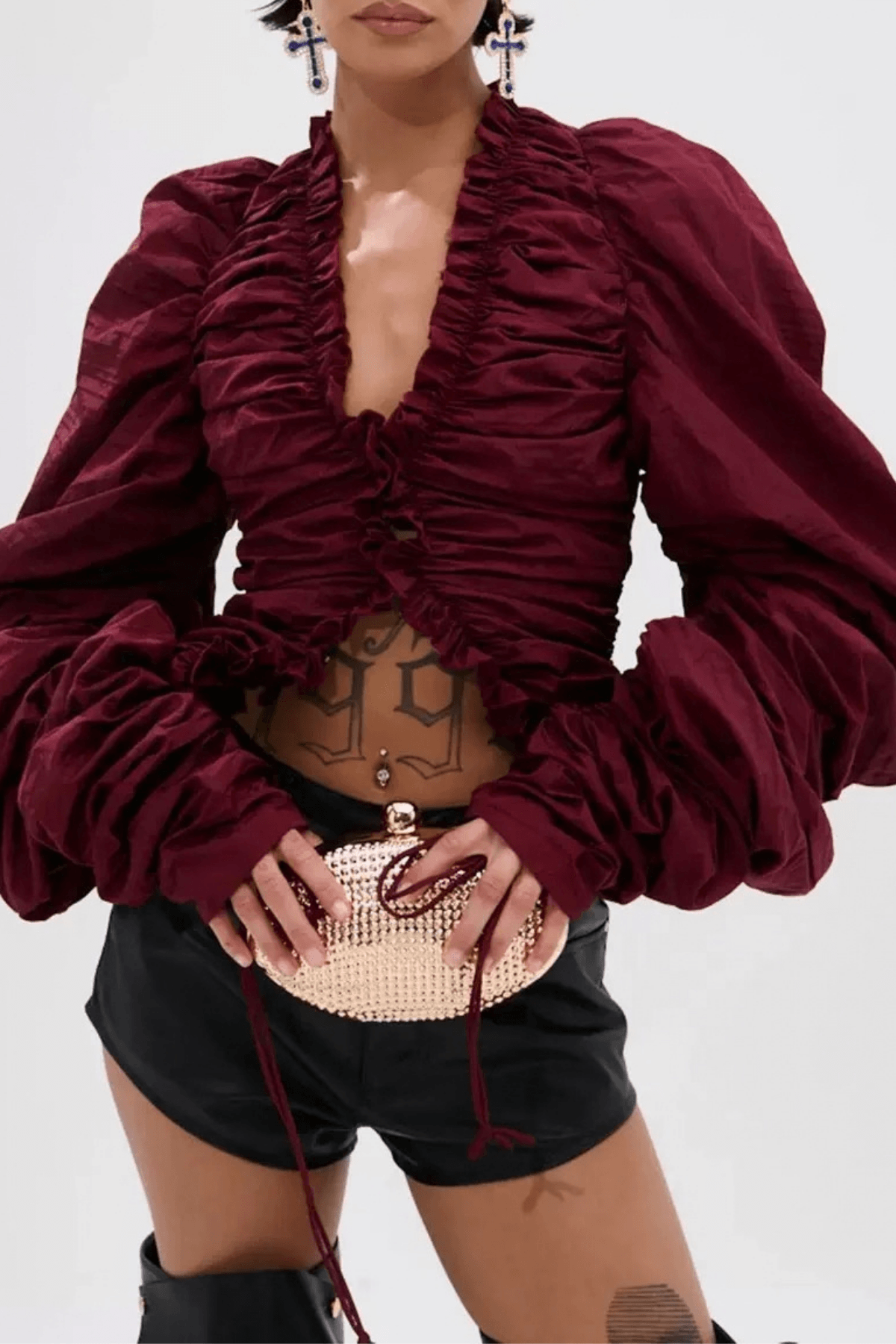 Burgundy Ruched Puff Sleeve Crop Blouse Avalabel