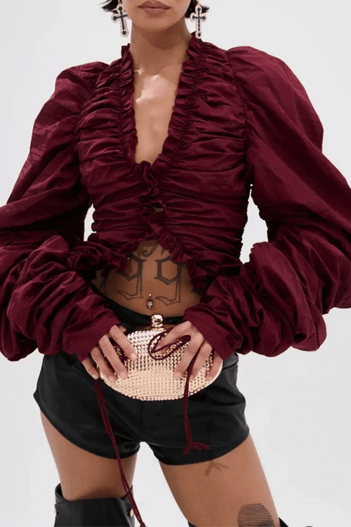 Burgundy Ruched Puff Sleeve Crop Blouse Avalabel