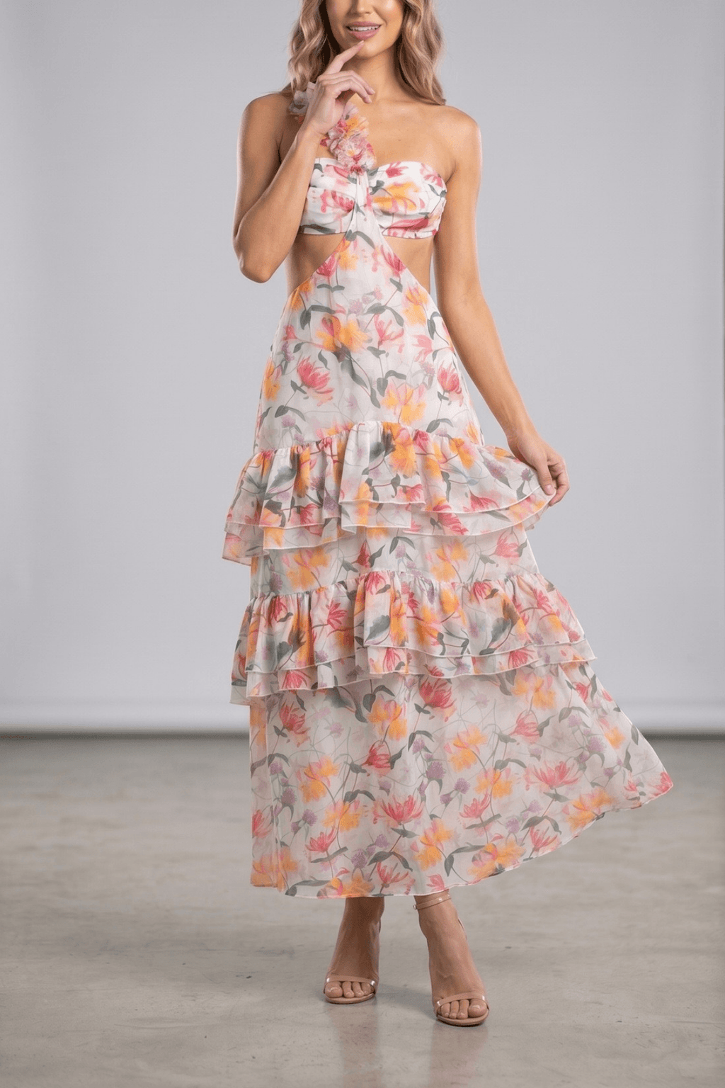 Livia Floral One Shoulder Tiered Dress Avalabel