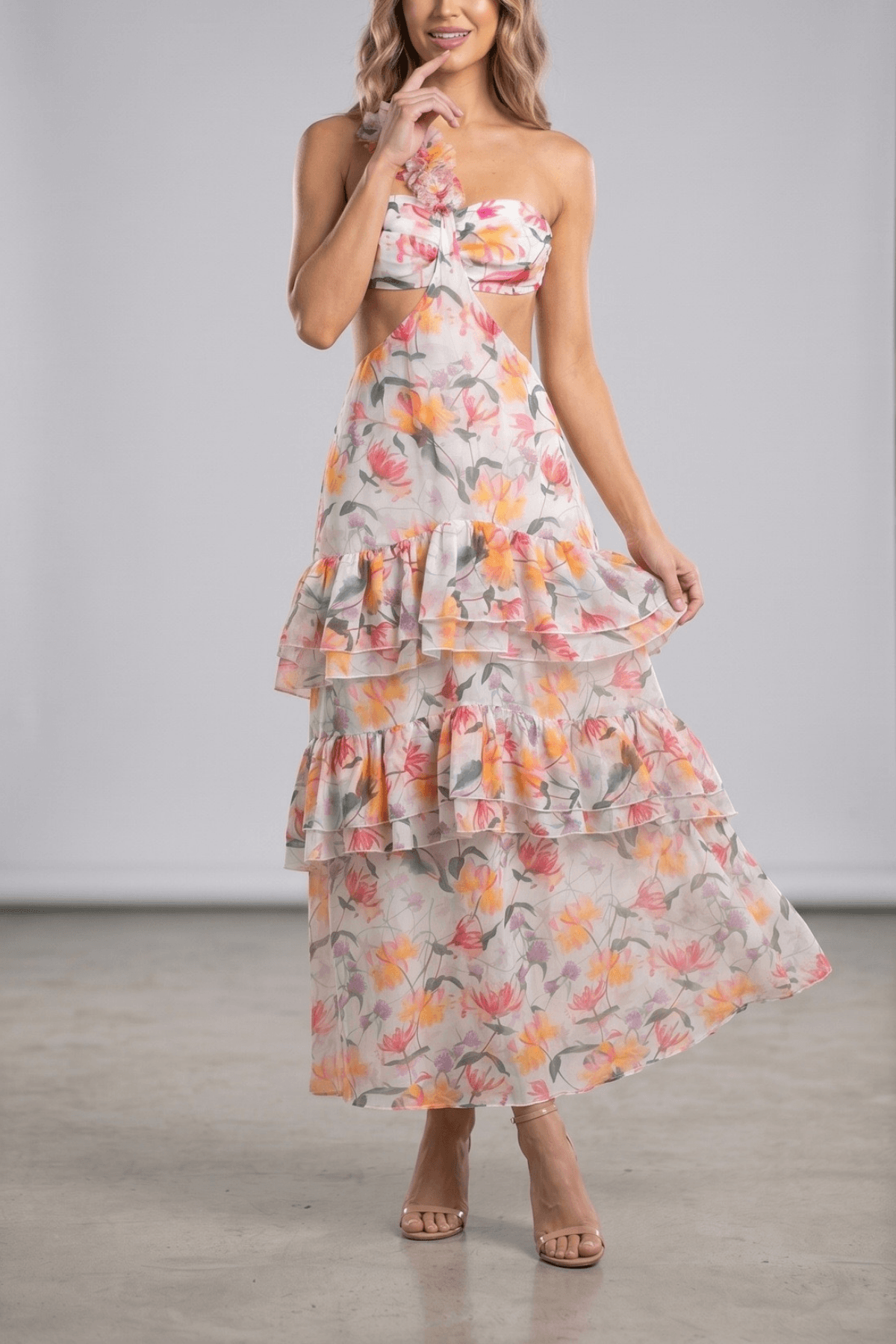Livia Floral One Shoulder Tiered Dress Avalabel