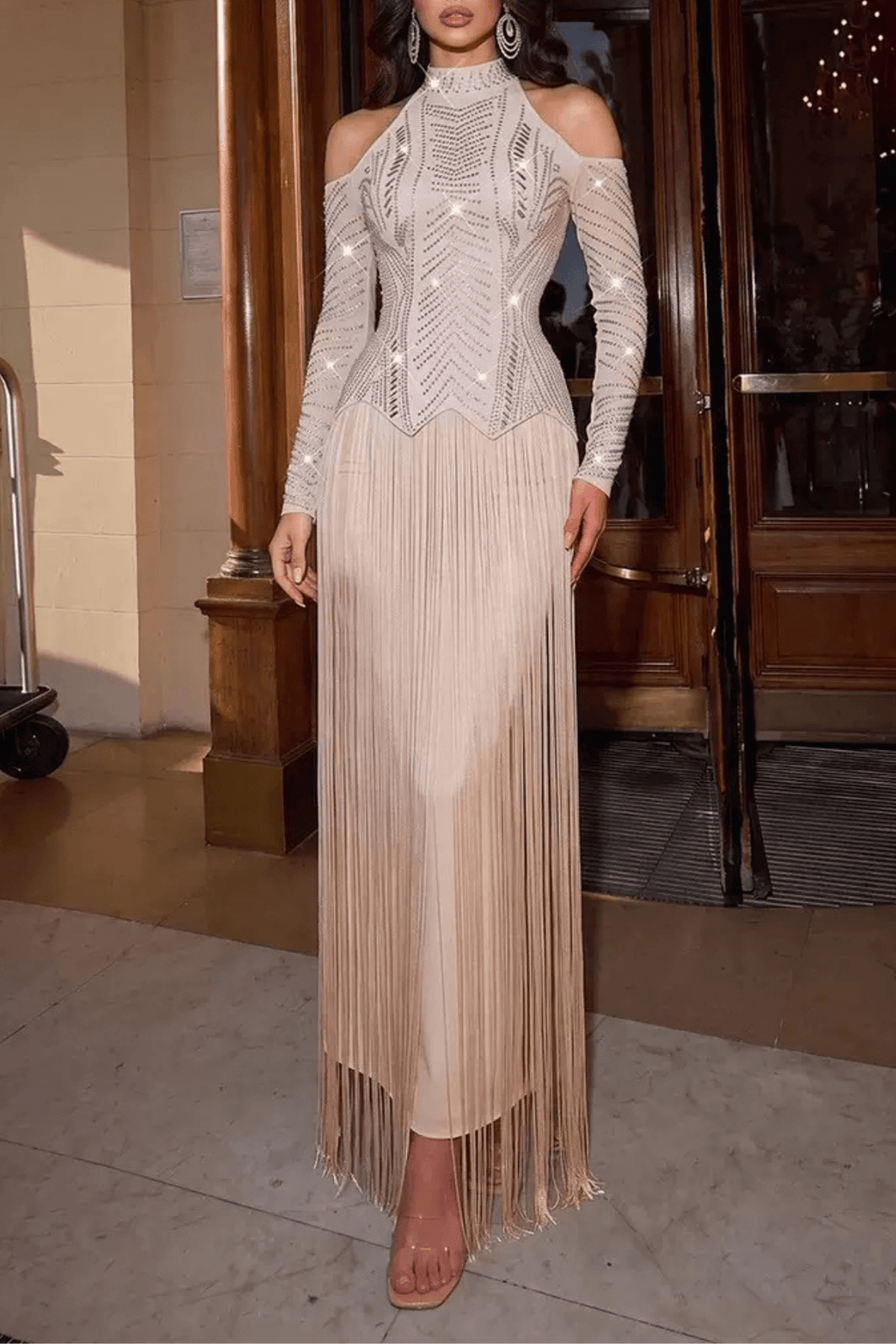 Sylvia Champagne Cold‑Shoulder Rhinestone Fringe Dress Avalabel