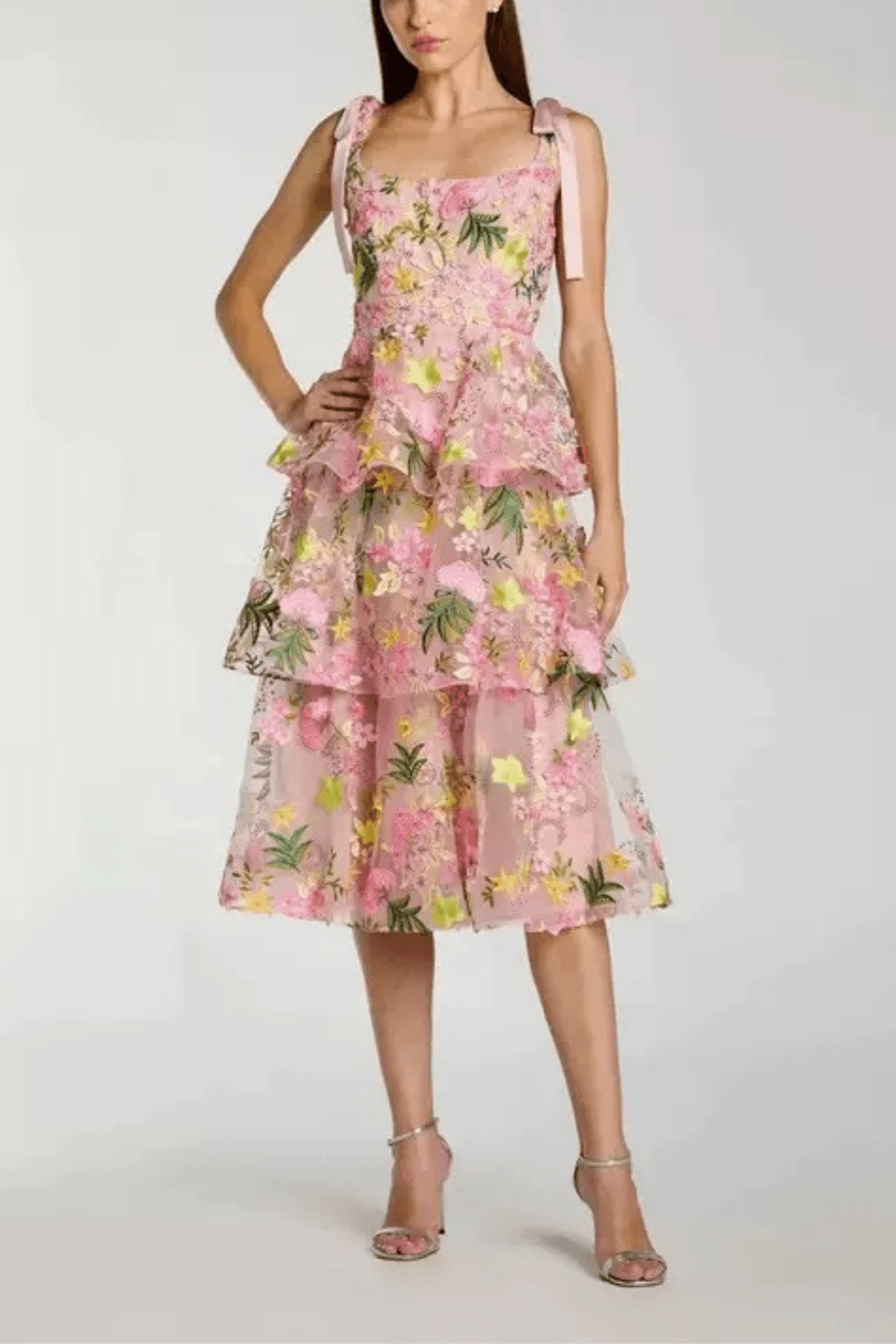 Bow Strap Floral Embroidered Tiered Midi Dress Avalabel