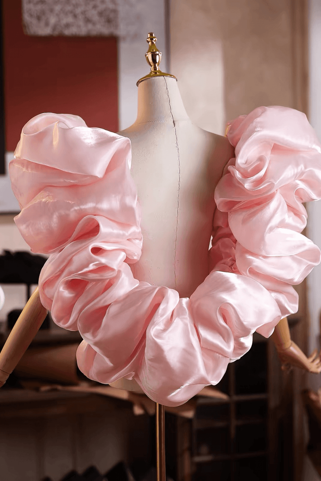 Pink Glossy Organza Voluminous Ruffled Shawl Avalabel
