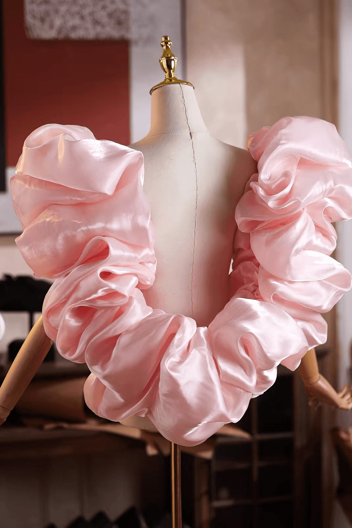 Pink Glossy Organza Voluminous Ruffled Shawl Avalabel