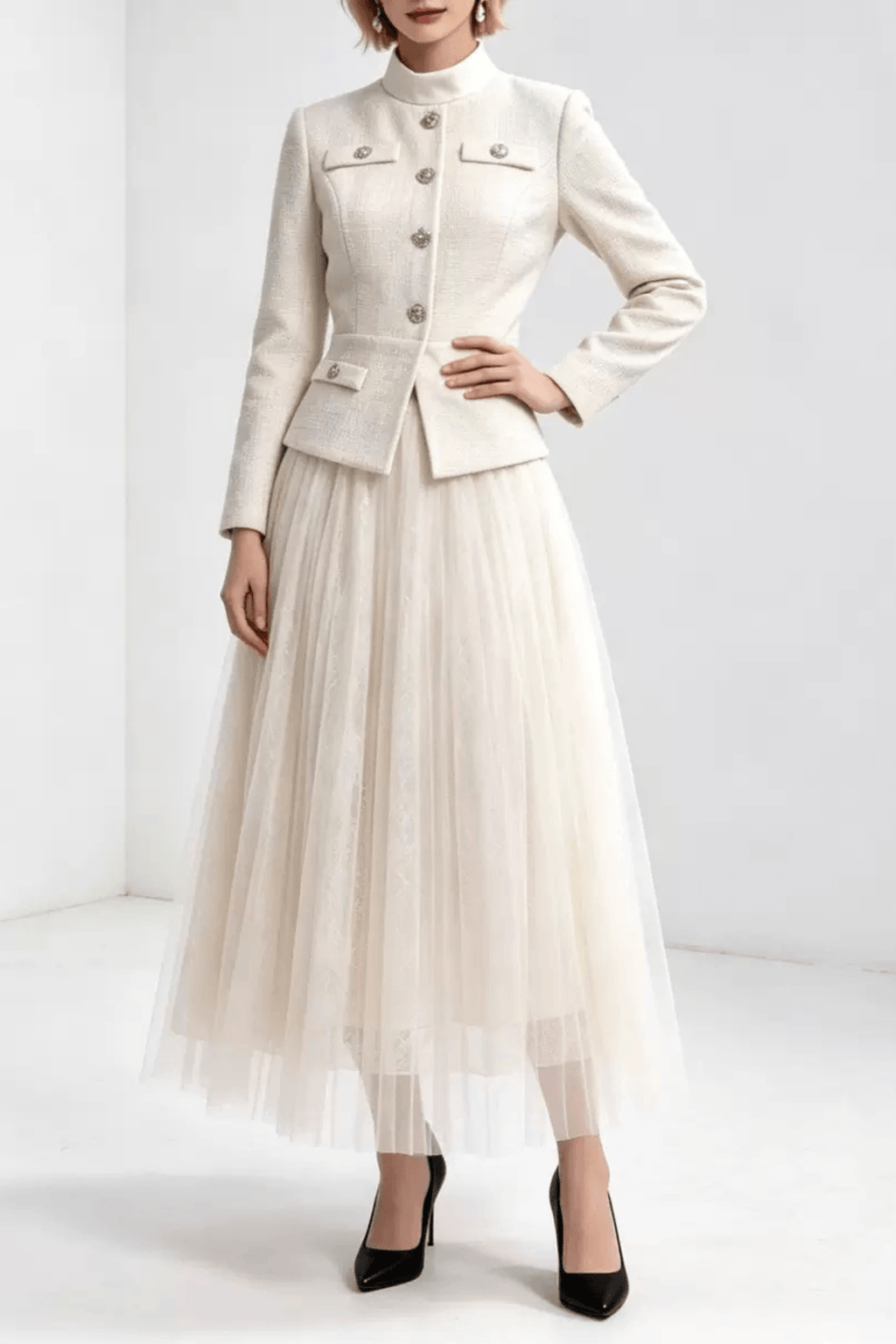 Lydia White Jacket and Tulle Midi Skirt Two Piece Set Avalabel