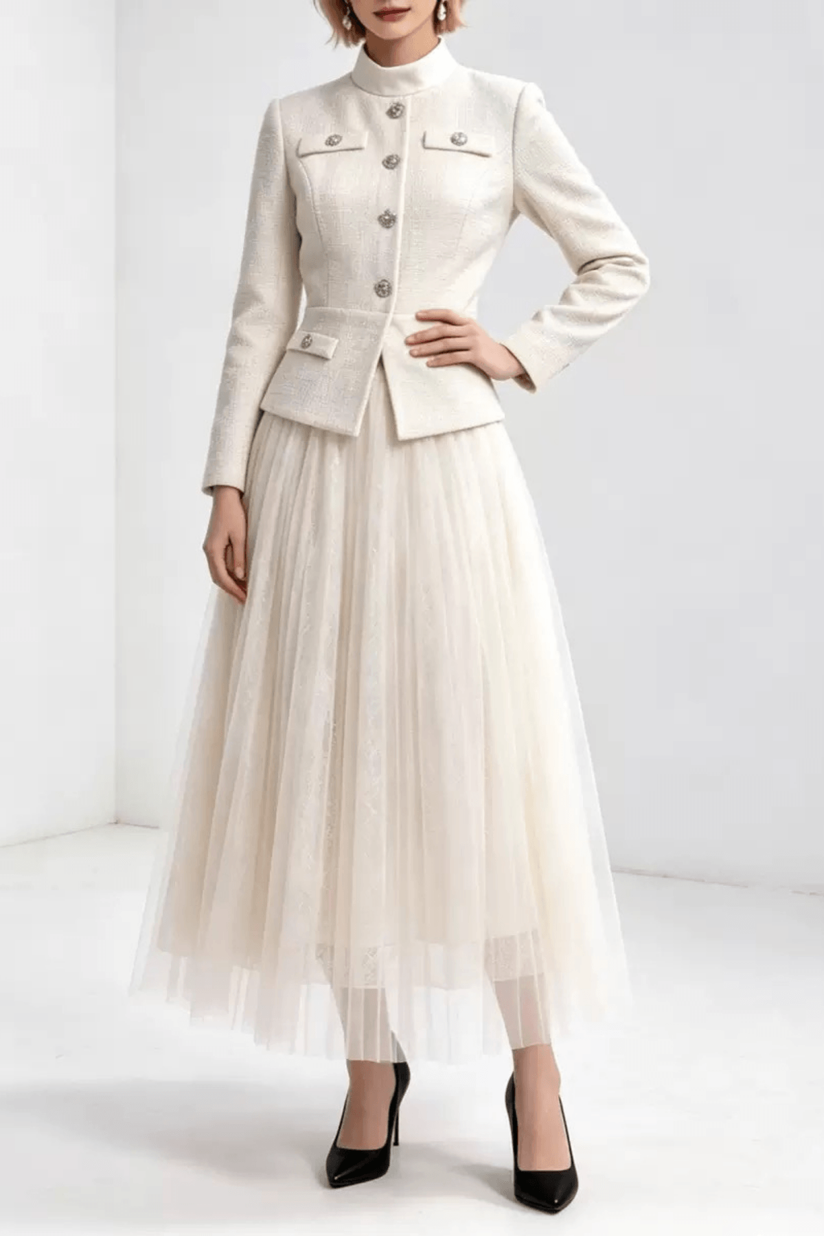 Lydia White Jacket and Tulle Midi Skirt Two Piece Set Avalabel
