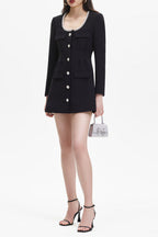 viola black Square Neck Rhinestone Pleated Mini Dress Avalabel
