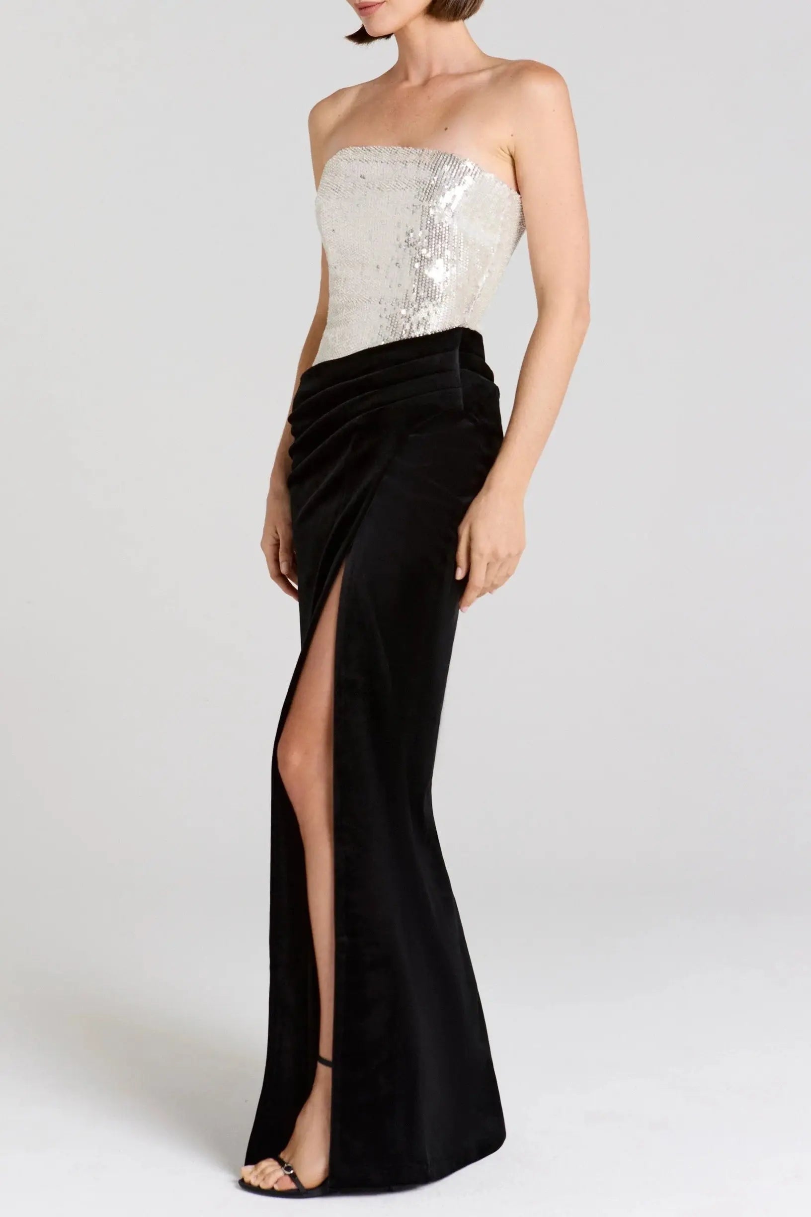 nancy off shoulder sequin high slit velvet maxi Dress - Silver/Black Avalabel