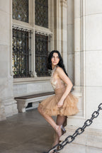 Ballerina |  Beige Tulle Mini Dress with 3D Applique Avalabel