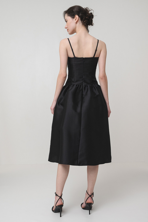 Bow-Detail Taffeta Midi Dress in Black Avalabel