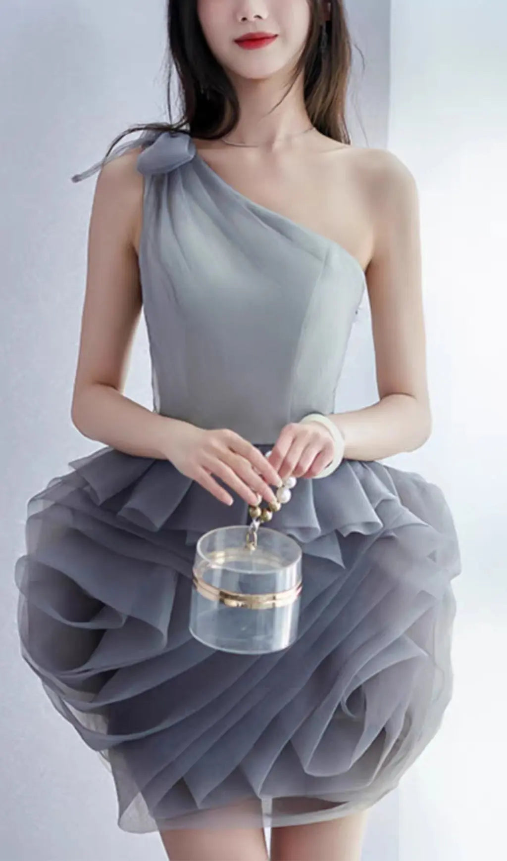 ONE SHOULDER MESH MINI DRESS IN GREY Avalabel