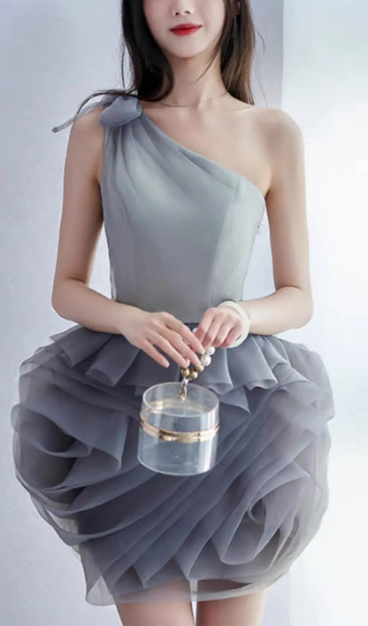 ONE SHOULDER MESH MINI DRESS IN GREY Avalabel