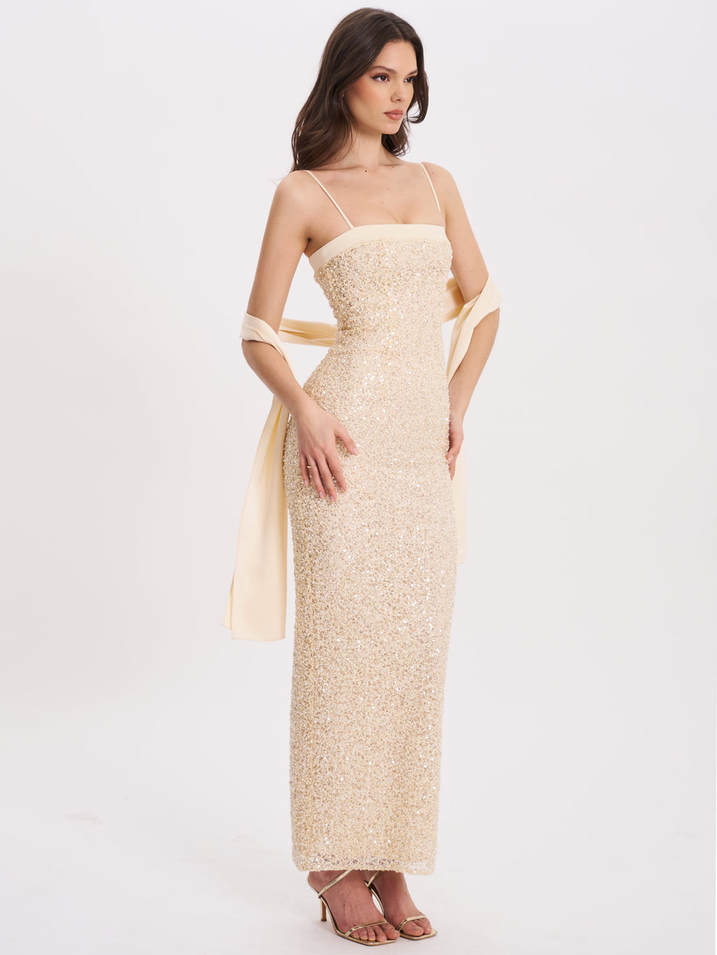 Raizel Gold Beaded Sequin Bodycon Gown with Scarf Avalabel
