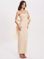 Raizel Gold Beaded Sequin Bodycon Gown with Scarf Avalabel
