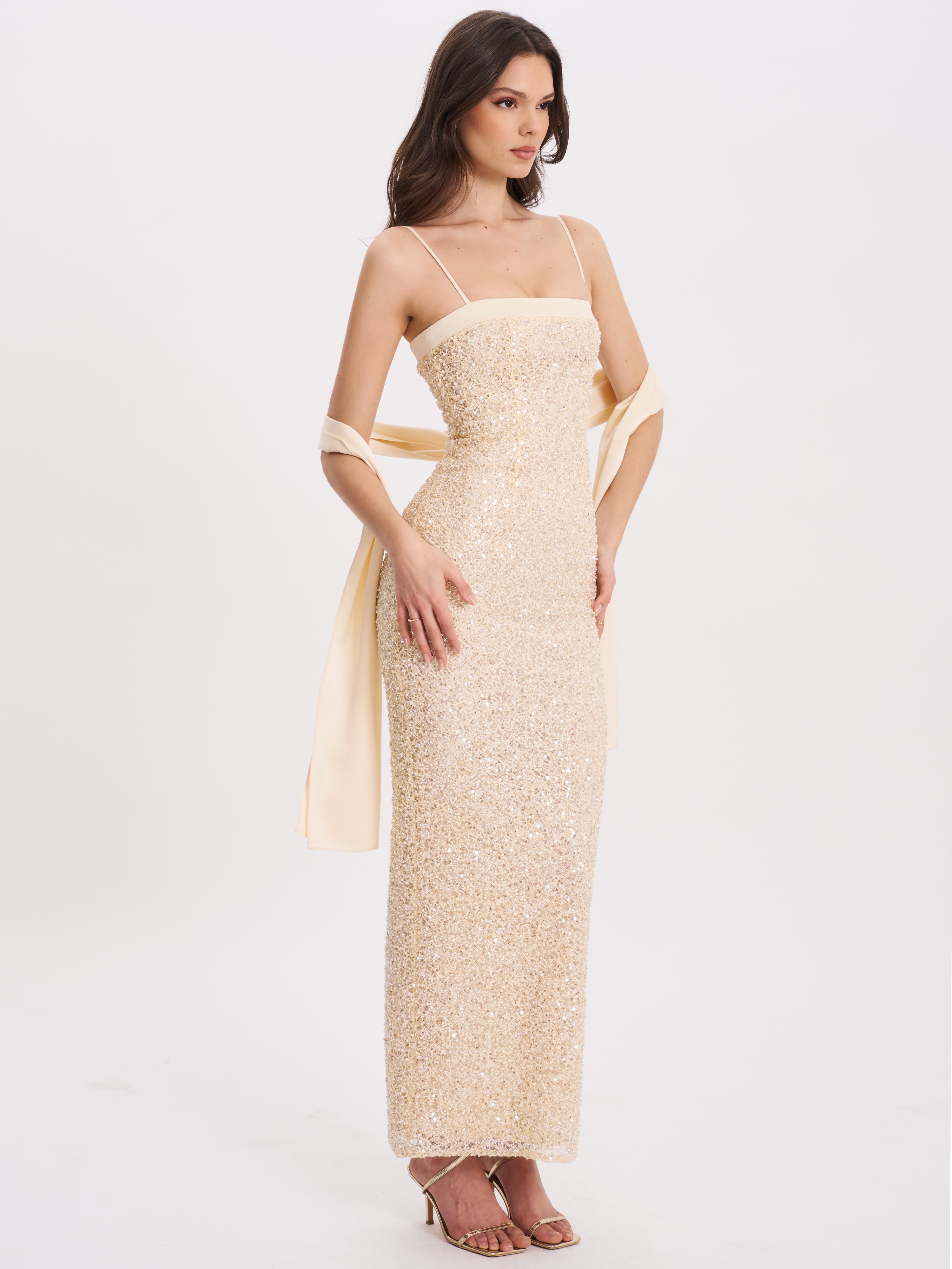 Raizel Gold Beaded Sequin Bodycon Gown with Scarf Avalabel