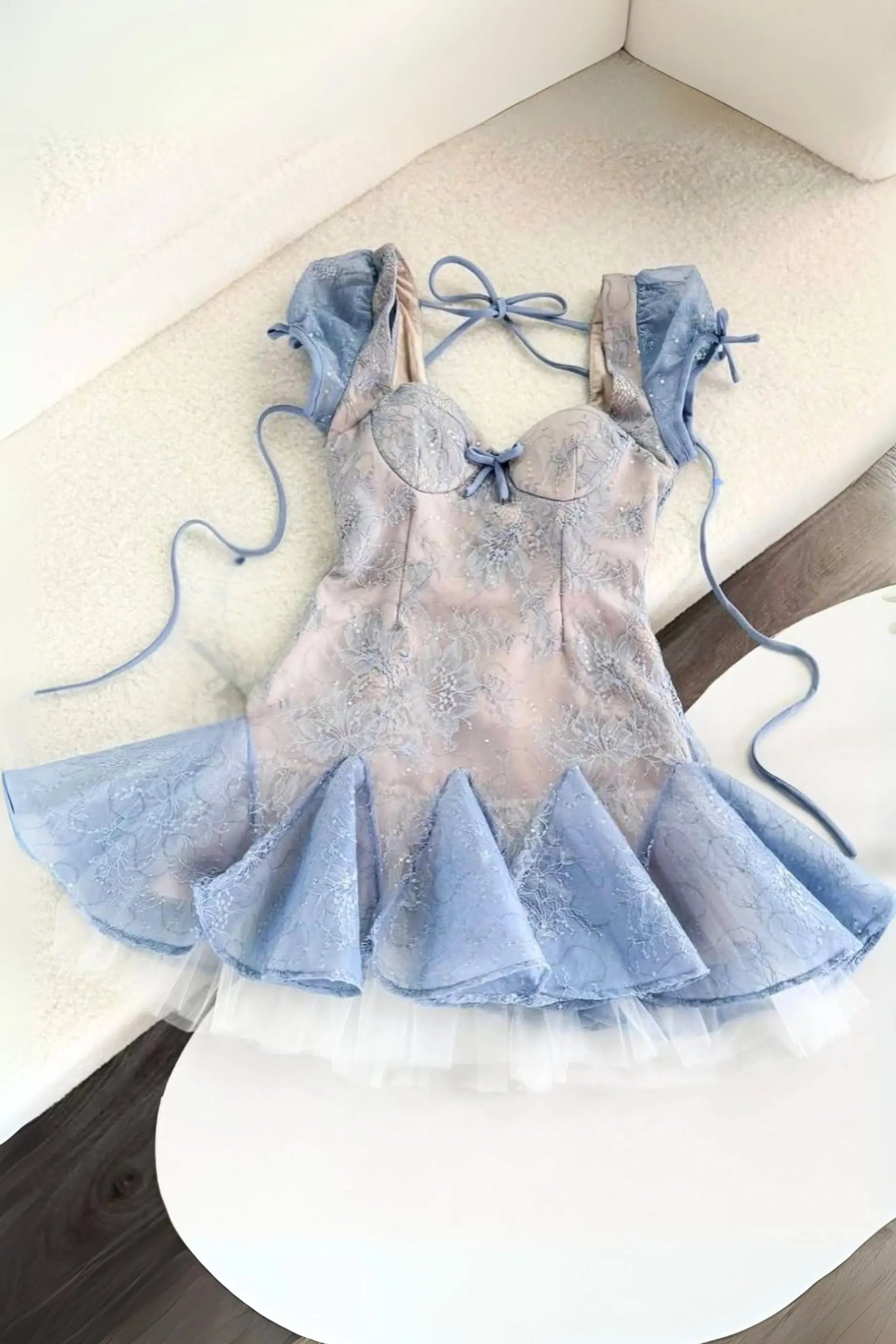 Lace embroidery puffy mini dress in blue Avalabel