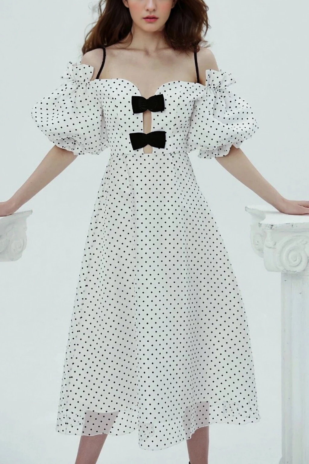White Polka Dot Off-Shoulder Bow Midi Dress Avalabel