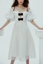 White Polka Dot Off-Shoulder Bow Midi Dress Avalabel