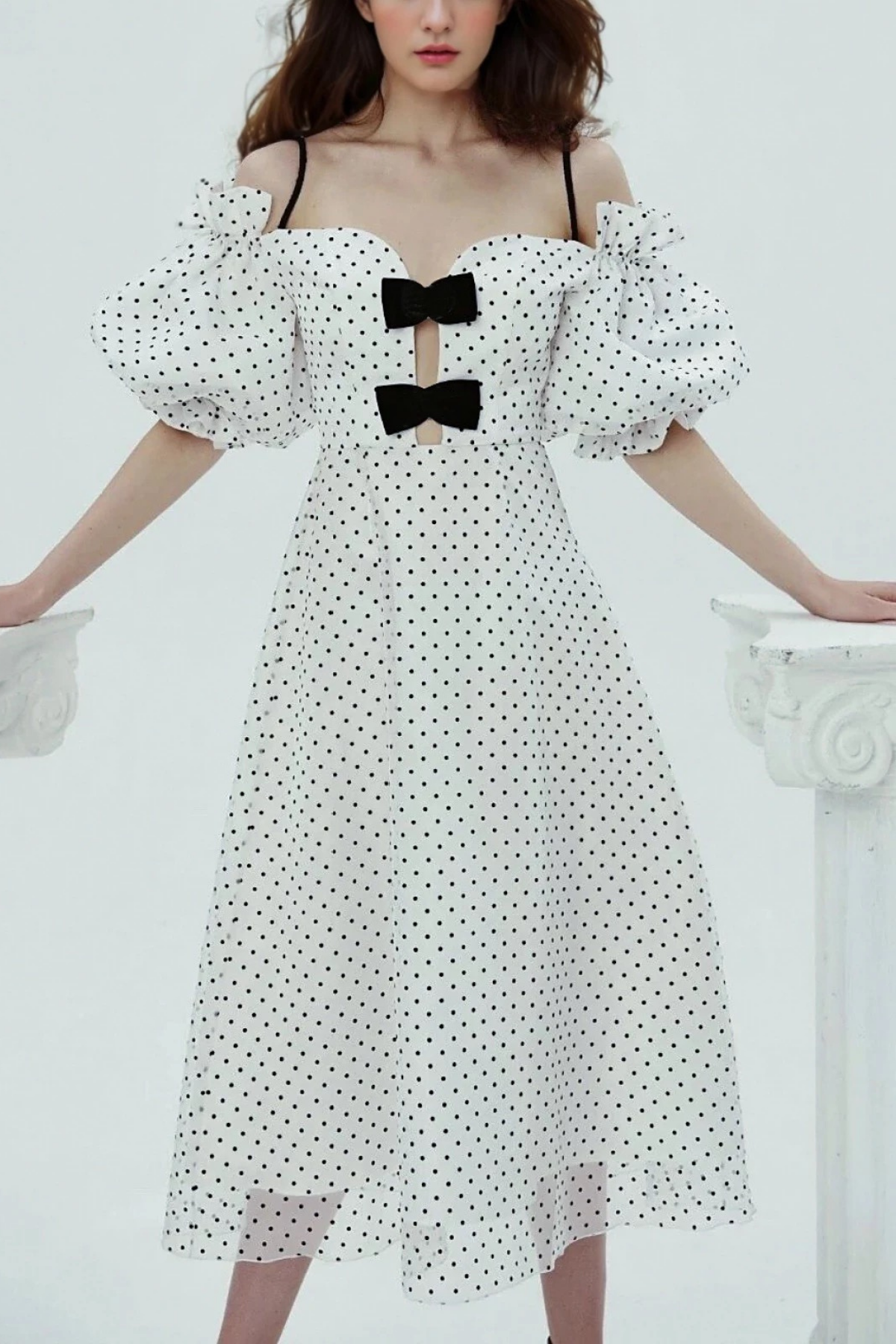 White Polka Dot Off-Shoulder Bow Midi Dress Avalabel