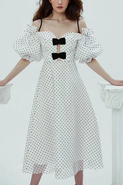 White Polka Dot Off-Shoulder Bow Midi Dress