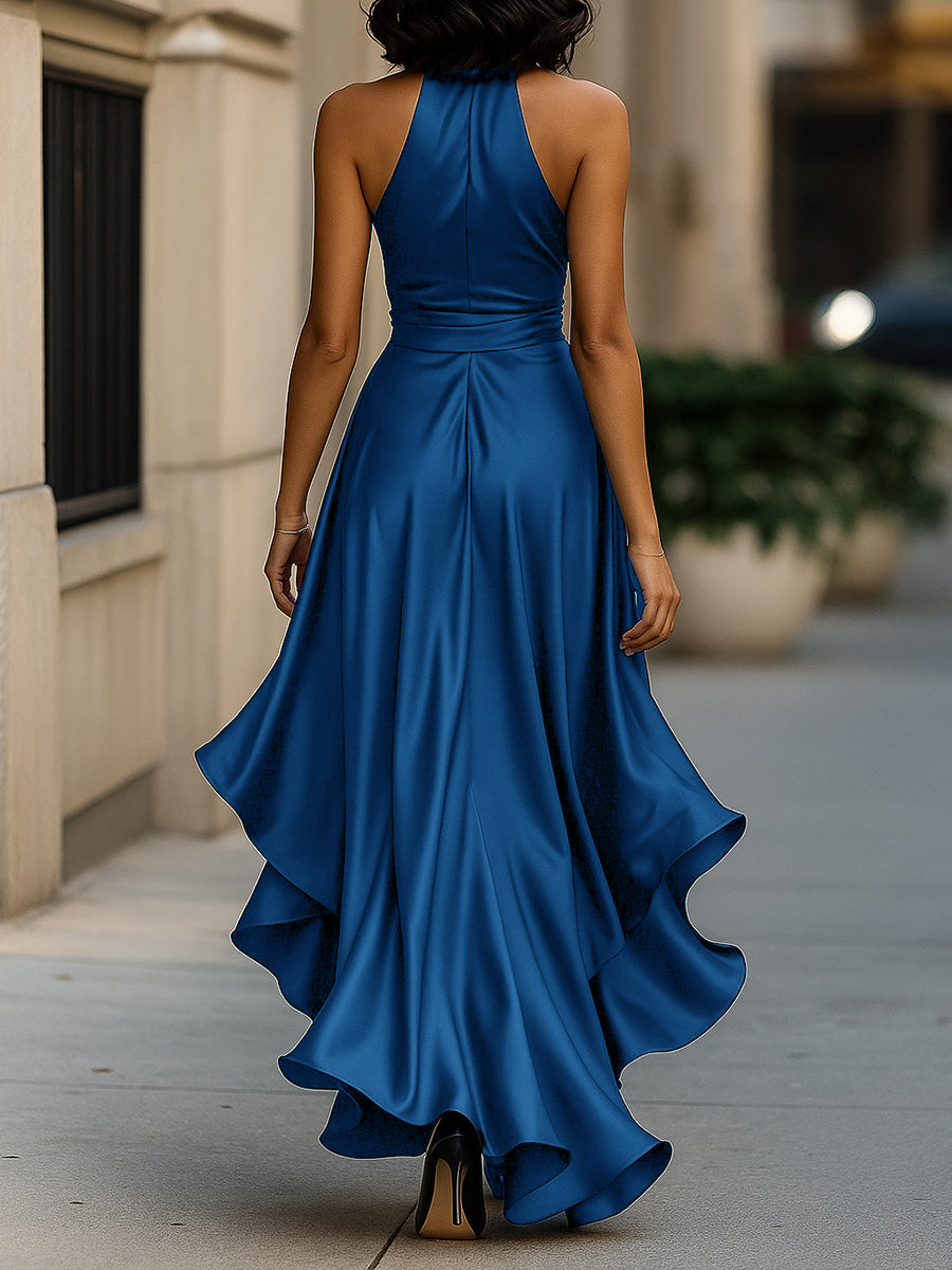 Midnight Elegance Satin Halter Ruffle Gown Avalabel