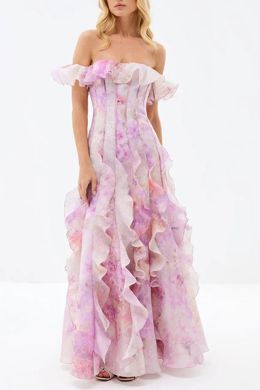 Helen Floral Frill Off-Shoulder Maxi Dress in Pink Avalabel