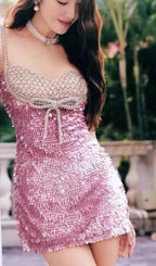 EMBELLISHED SEQUIN MINI DRESS IN PINK Avalabel
