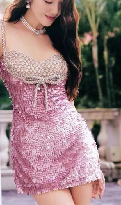 EMBELLISHED SEQUIN MINI DRESS IN PINK Avalabel