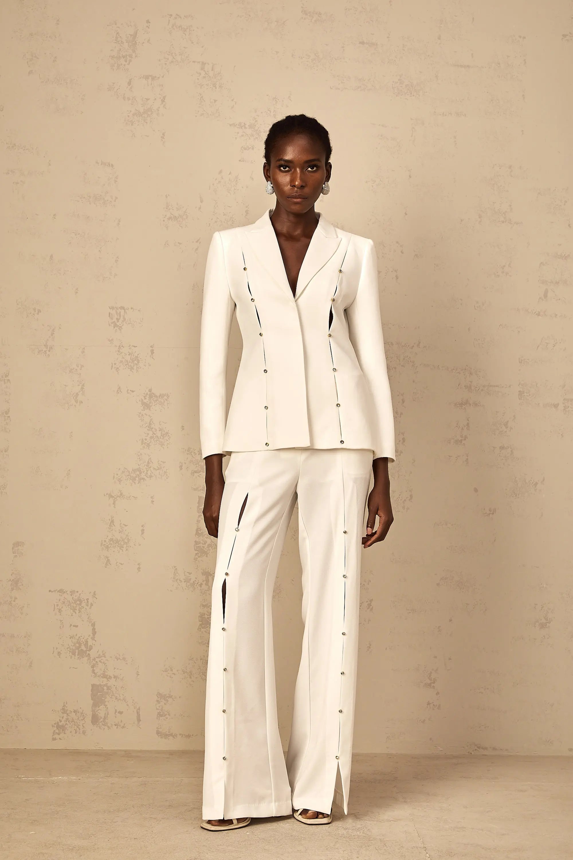 theresa diamond studded hollow out blazer set in white Avalabel