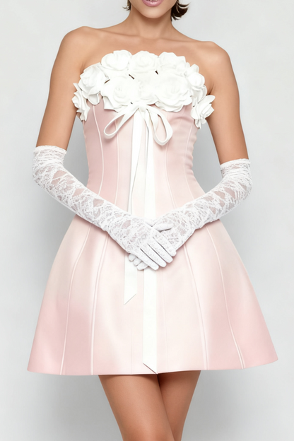 Gladys Strapless 3D Floral Corset A-Line Dress in Pink