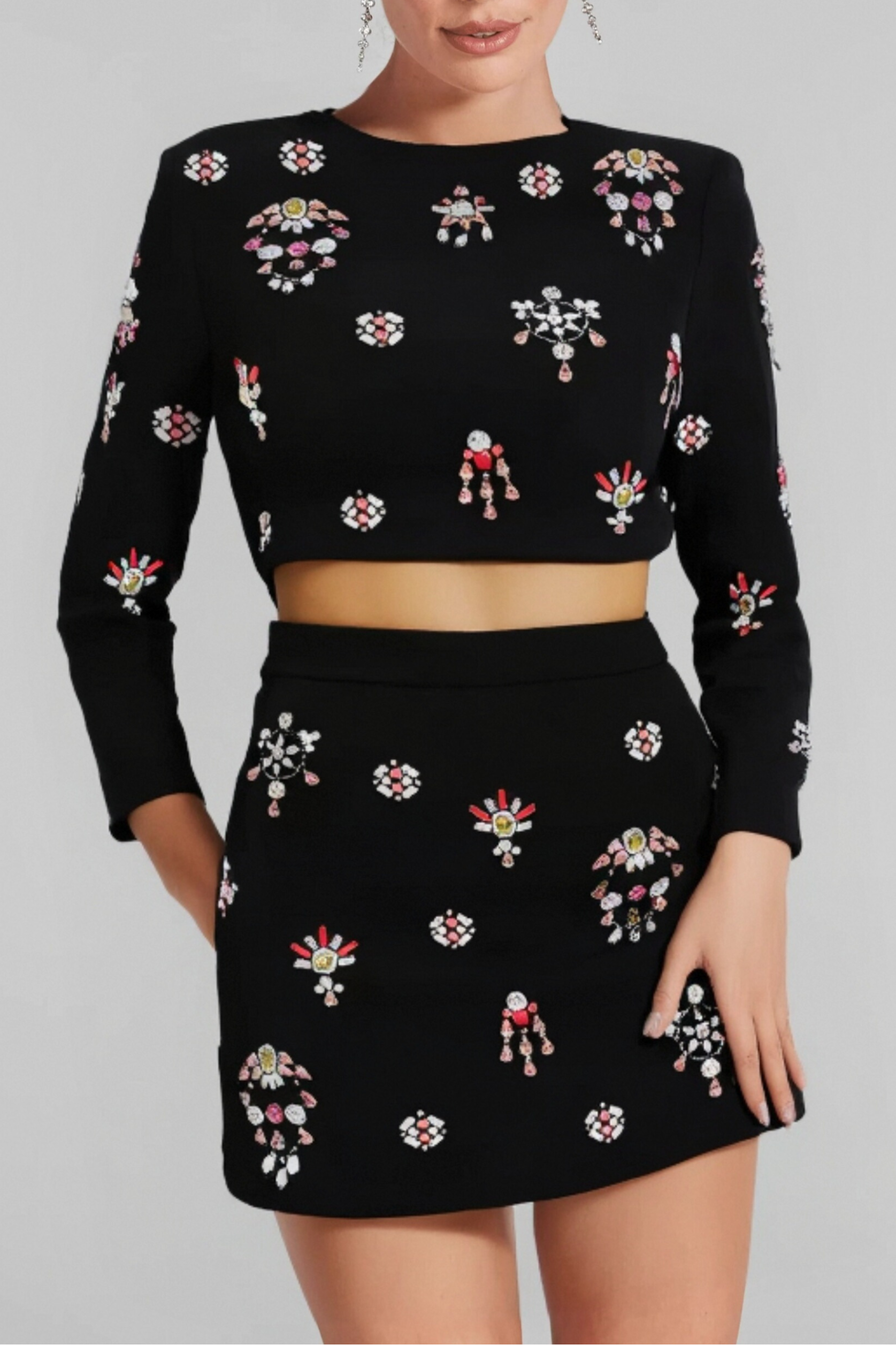BLACK RHINESTONE EMBELLISHED SKIRT SET Avalabel
