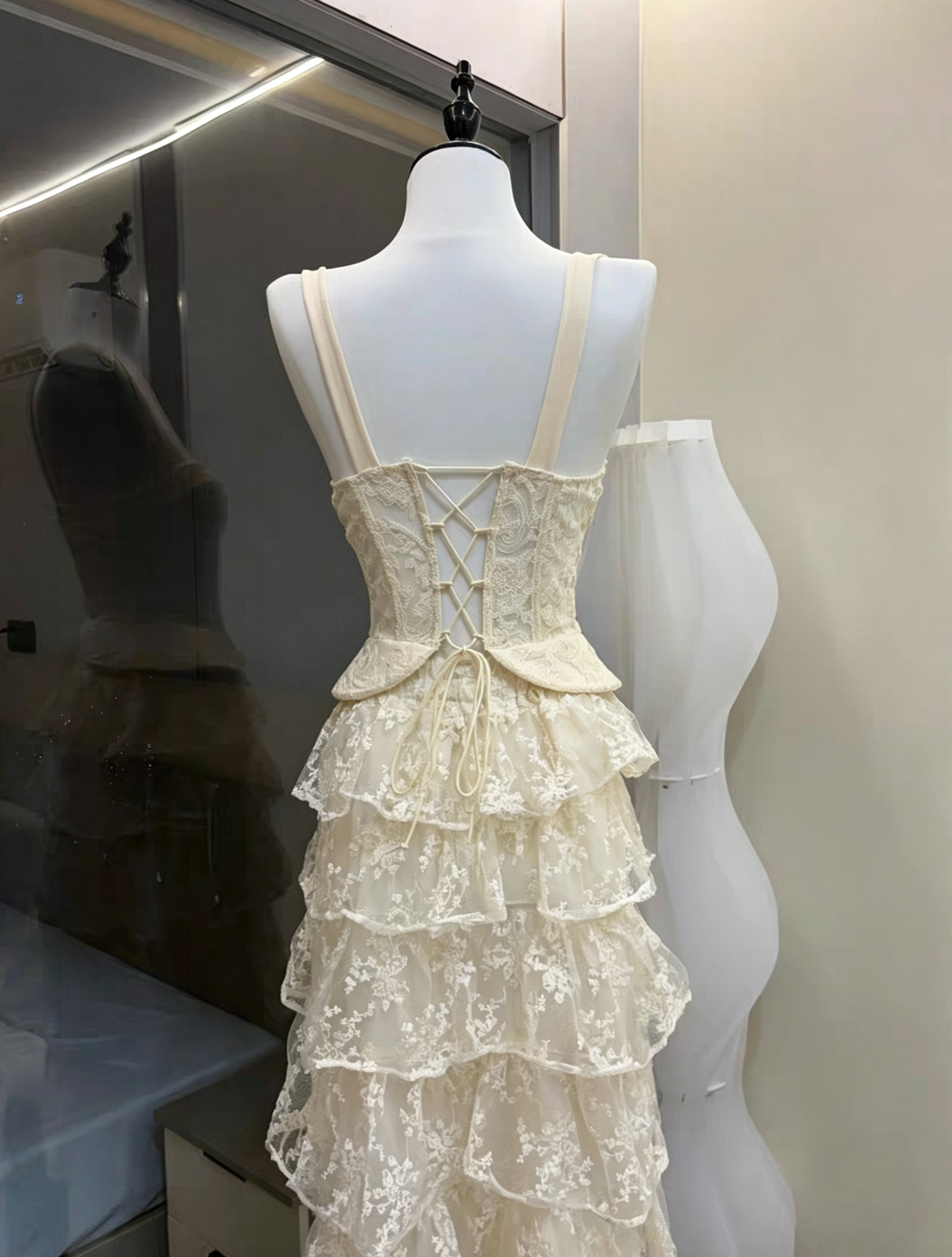 Ivory Wide Strap Lace Corset Peplum Top & Tiered High Low Lace Skirt Set Avalabel