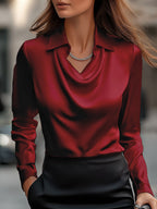 Elegant White Satin Blouse with Draped Neckline Avalabel