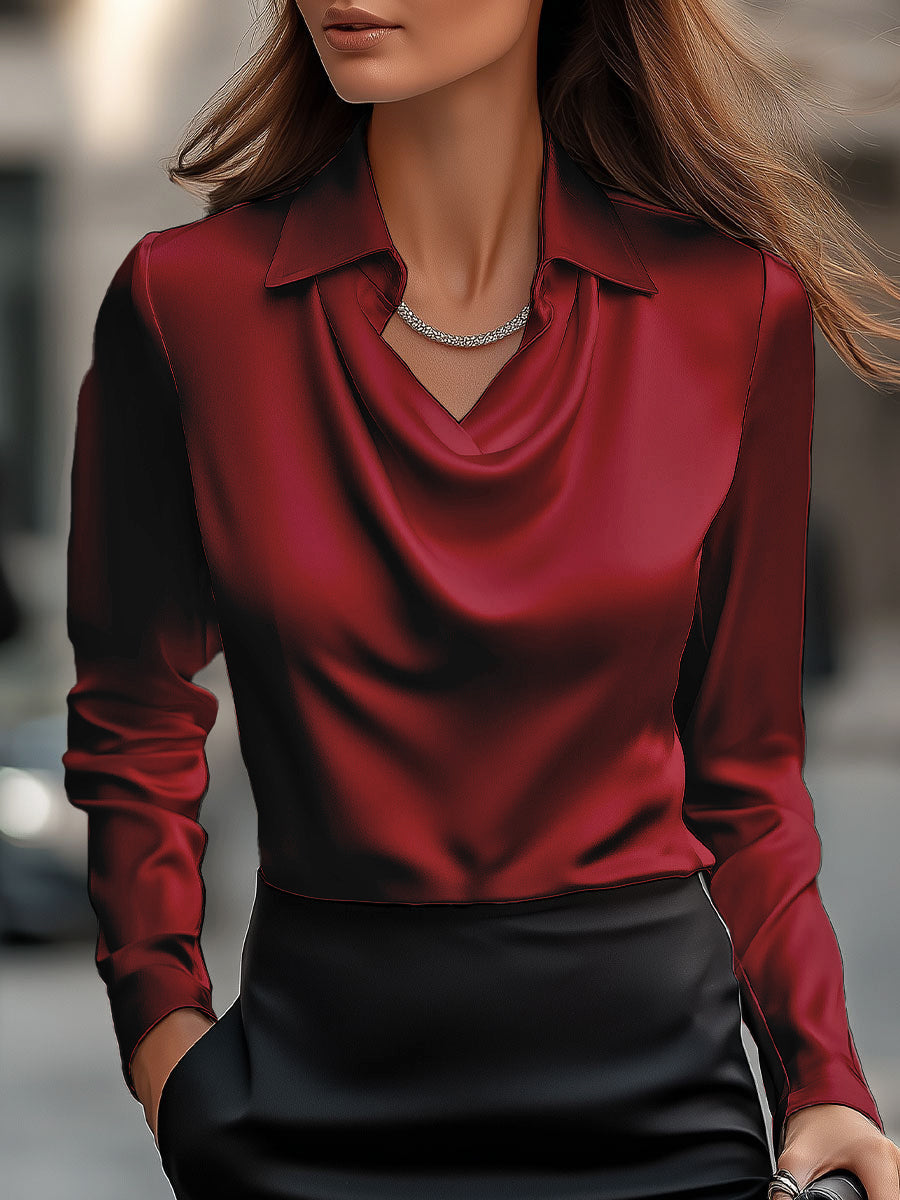 Elegant White Satin Blouse with Draped Neckline Avalabel