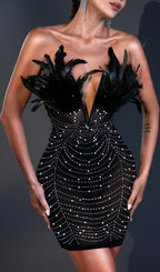 STRAPLESS FEATHER PEARL MINI DRESS IN BLACK Avalabel