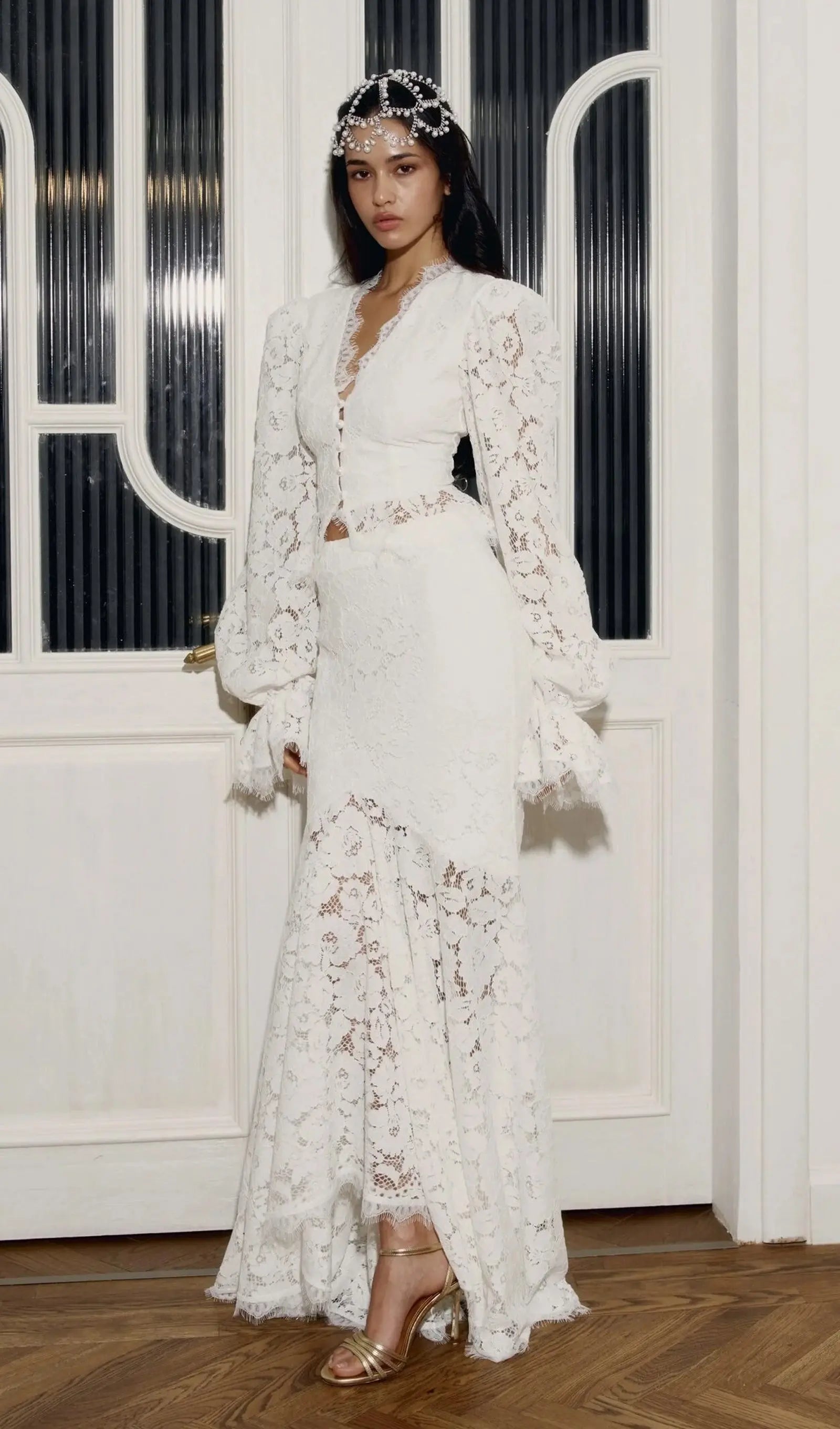 emily Lace Trimmed Puff Sleeved Top & Fishtail Skirt Set in white Avalabel