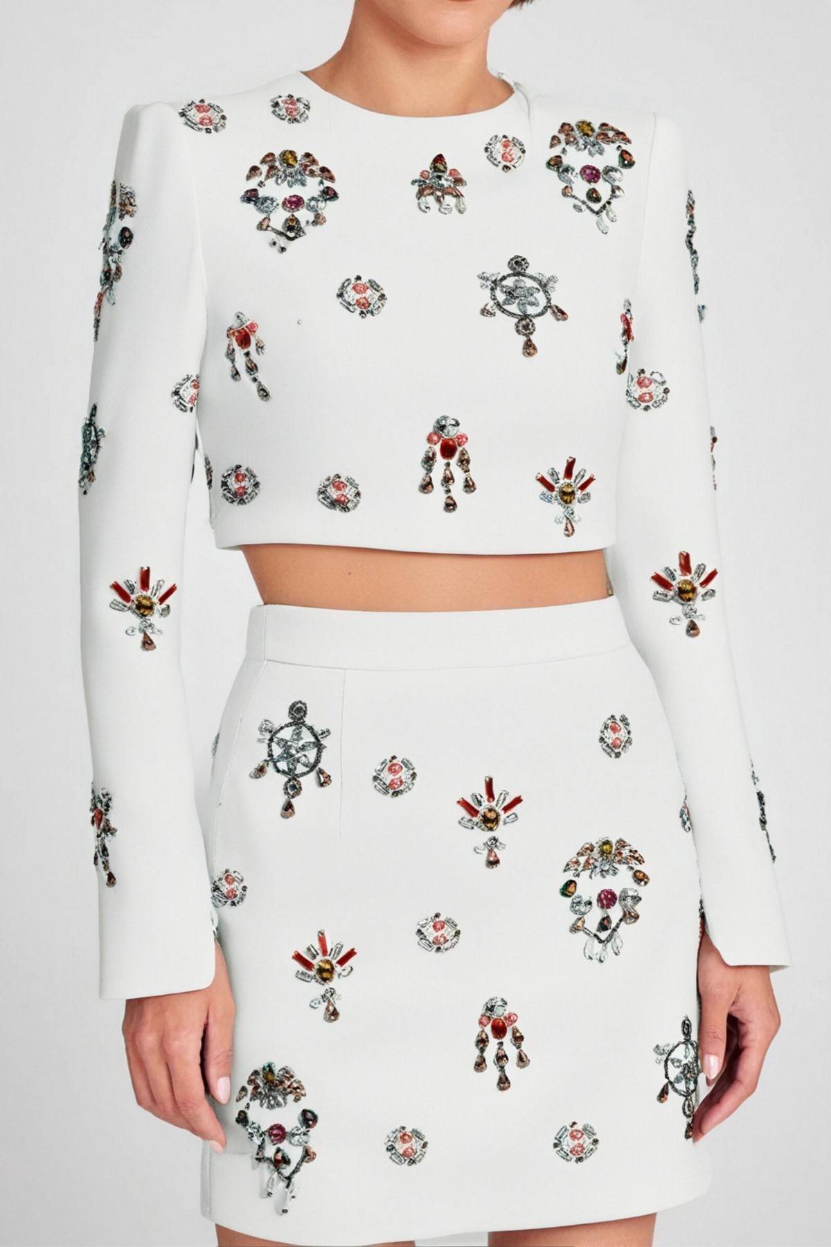 WHITE RHINESTONE EMBELLISHED SKIRT SET Avalabel